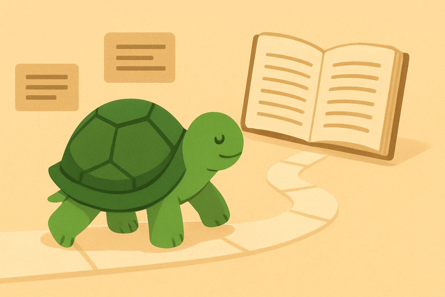 Ilustración editorial que muestra la tortuga de TortoLingua en una escena tranquila de aprendizaje por lectura para el artículo "¿Cuánto hay que leer para alcanzar el nivel B1?".