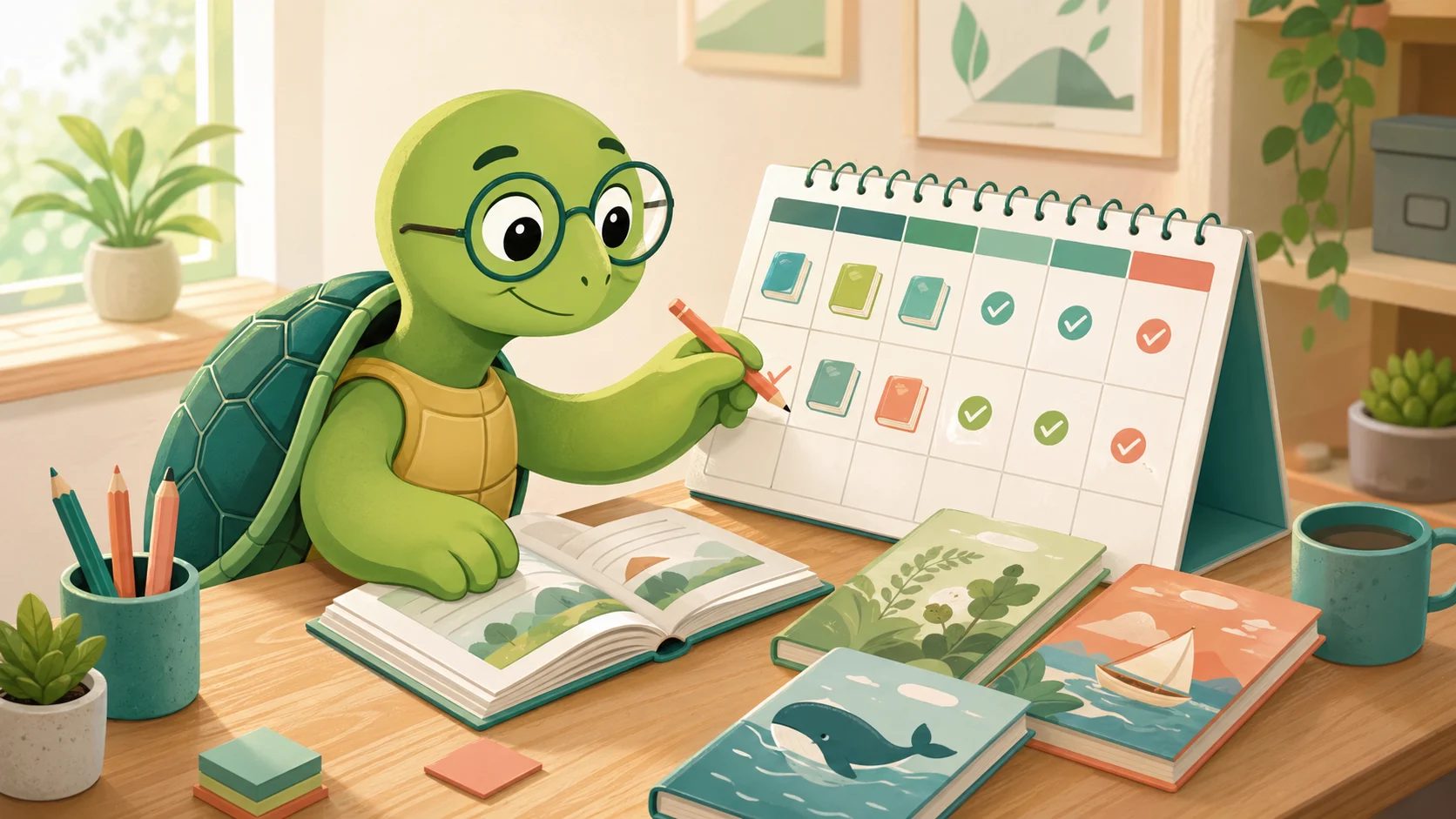 Tortuga de TortoLingua planificando un horario semanal de lectura con un calendario y textos adecuados al nivel