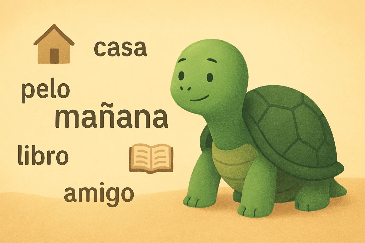 Ilustración editorial que muestra la tortuga de TortoLingua descubriendo significado a través del contexto para el artículo "¿Soy demasiado mayor para aprender un idioma? La ciencia dice que no".