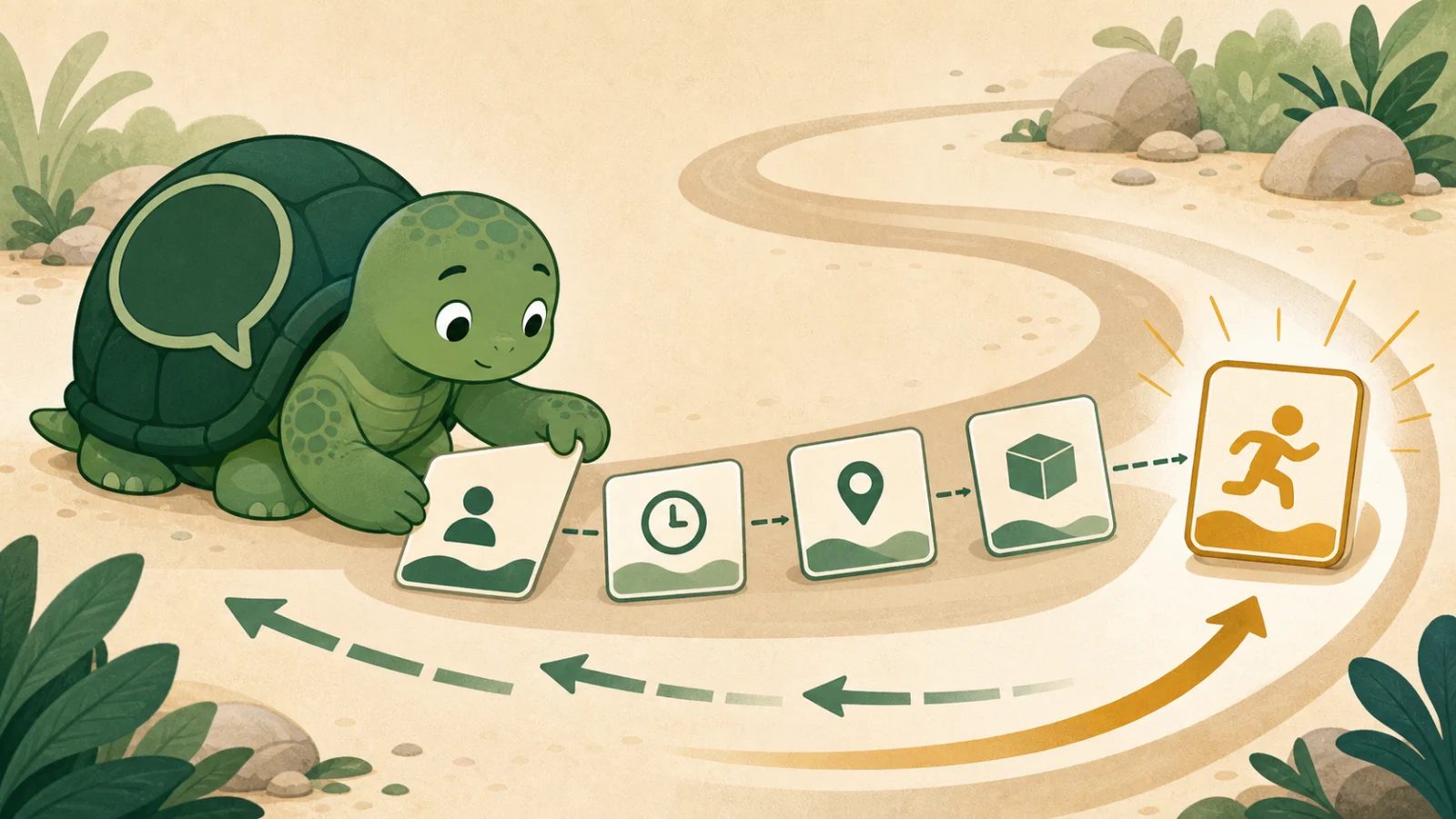 La mascota tortuga de TortoLingua organizando segmentos de oración hacia una tarjeta final de predicado resaltada