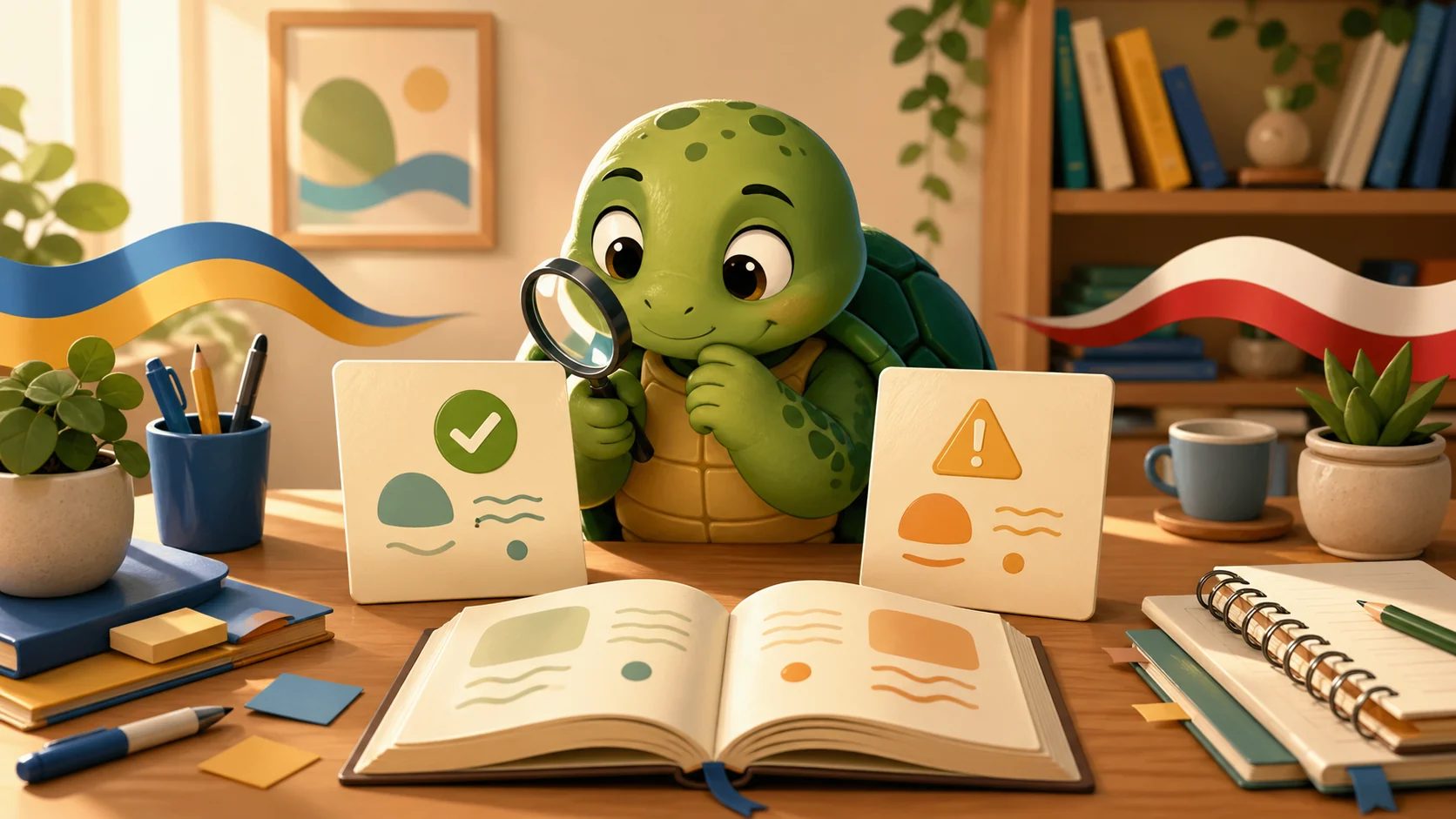 Tortuga de TortoLingua comparando tarjetas de vocabulario con iconos de acierto y advertencia para una guía de falsos amigos
