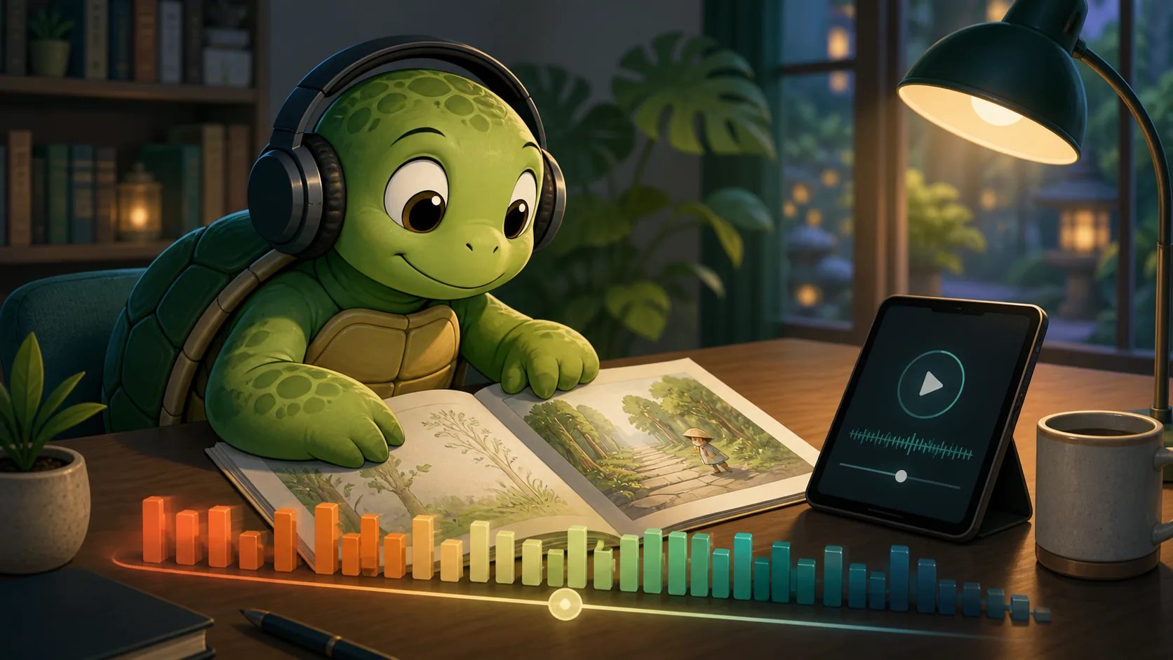 La tortuga de TortoLingua escucha audio en japonés mientras sigue un texto breve