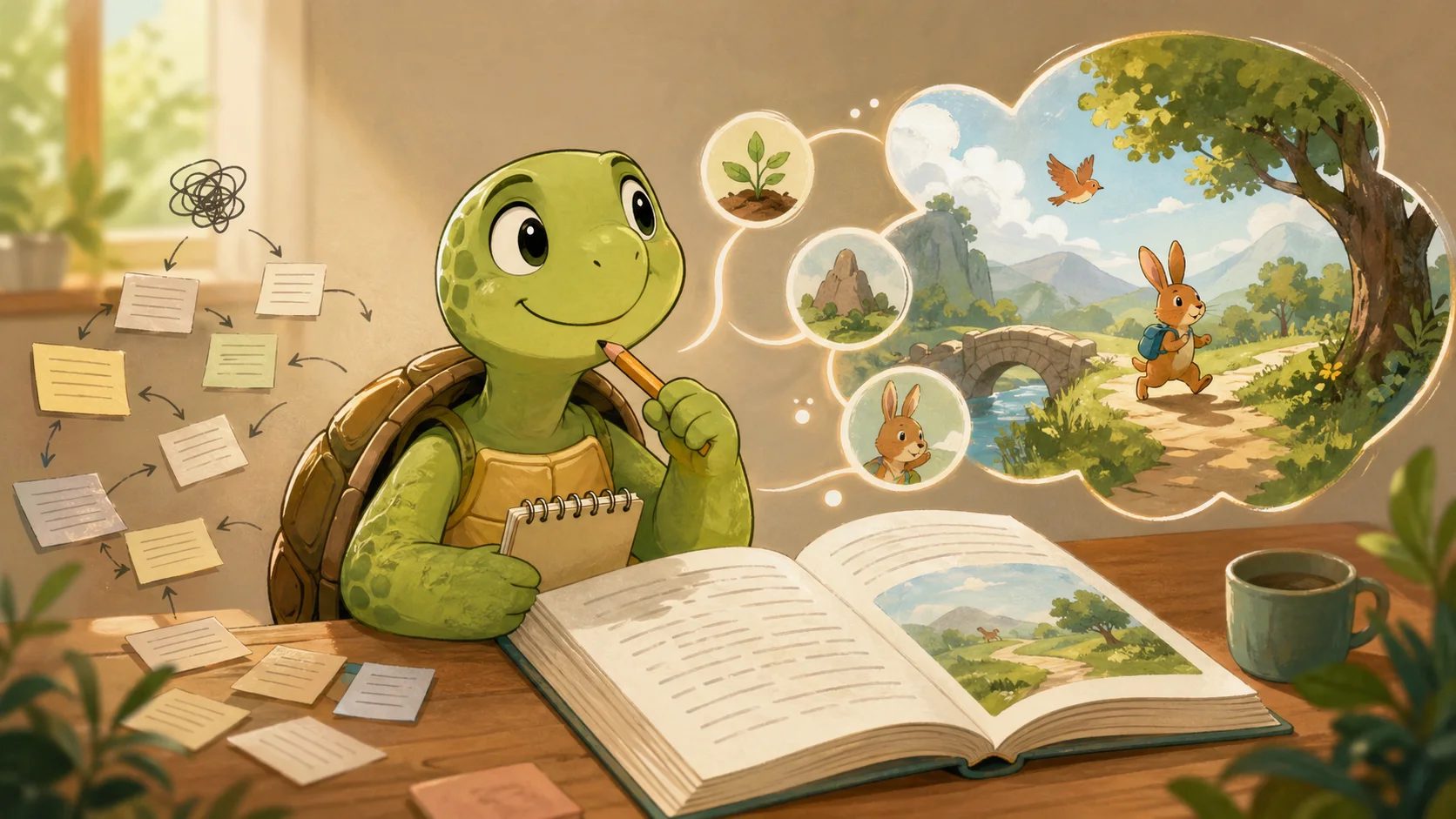 tortuga TortoLingua pasa de tarjetas de traducción palabra por palabra a una escena clara de lectura en inglés