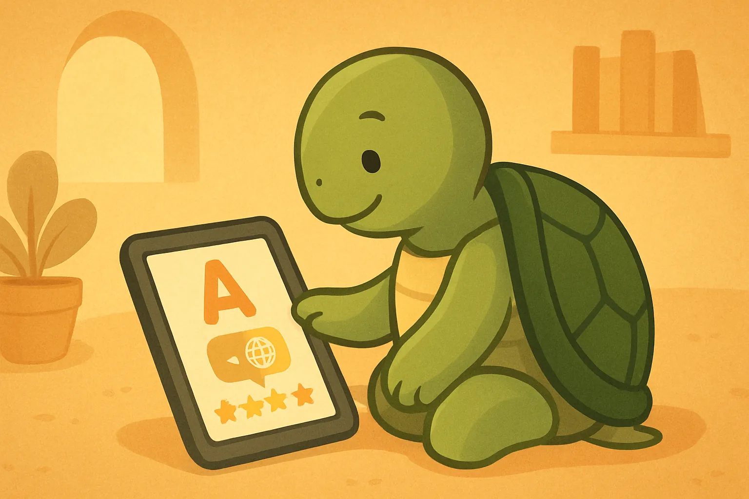 Ilustración editorial que muestra la tortuga de TortoLingua en una escena cálida de cuento infantil para el artículo "Las mejores apps para que los niños aprendan idiomas en 2026".