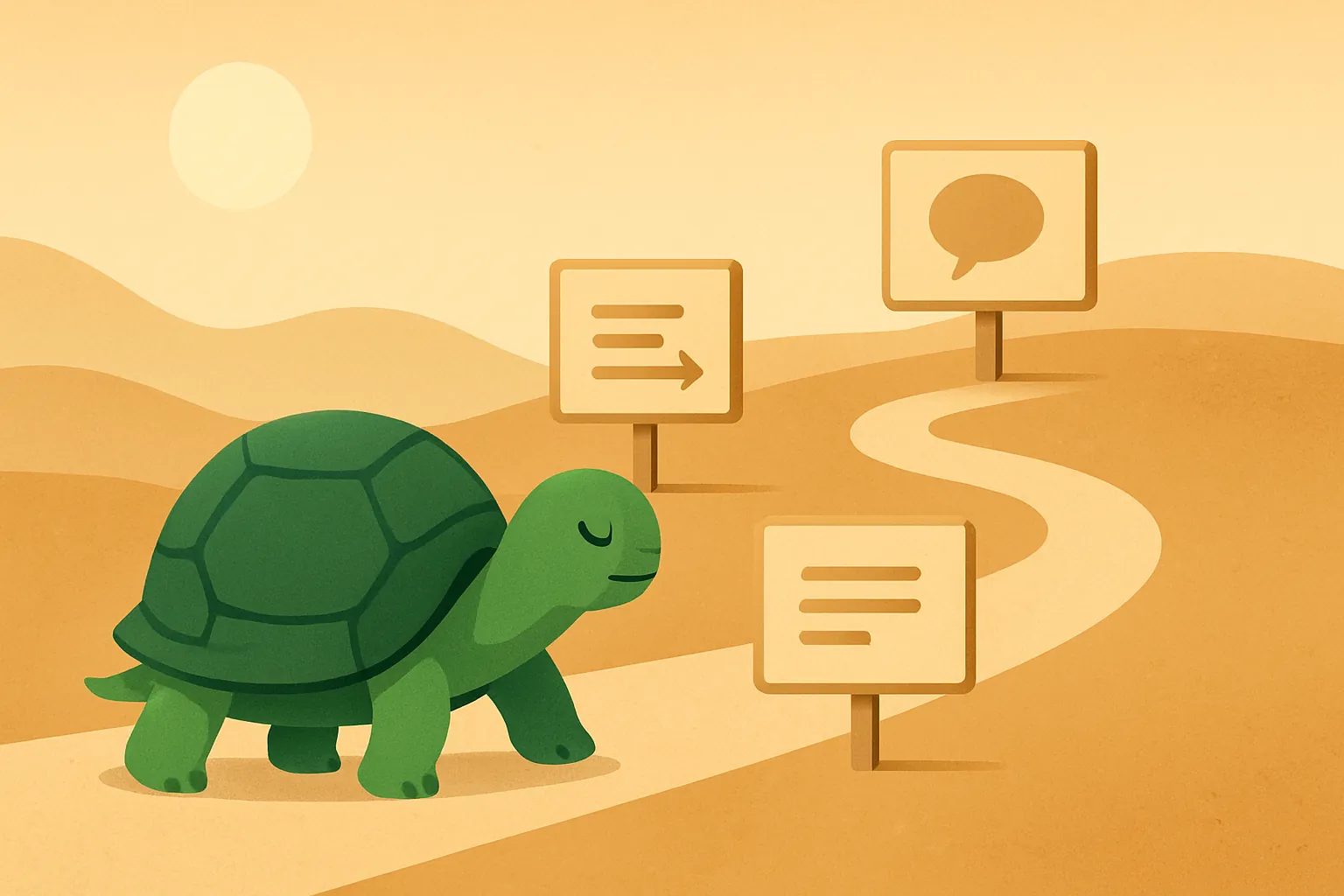 Ilustración editorial que muestra la tortuga de TortoLingua en una escena tranquila de aprendizaje por lectura para el artículo "Meseta en el aprendizaje de idiomas: por qué estás estancado y cómo superarlo".