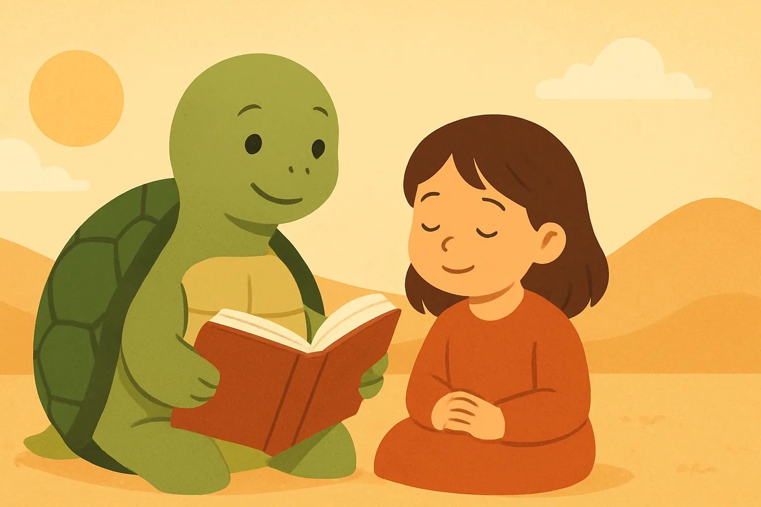 Ilustración editorial que muestra la tortuga de TortoLingua en una escena cálida de cuento infantil para el artículo "Cómo los niños aprenden idiomas con cuentos: guía para padres".