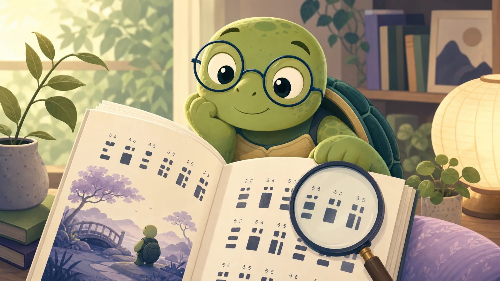 La tortuga de TortoLingua lee un texto japonés con furigana y una lupa