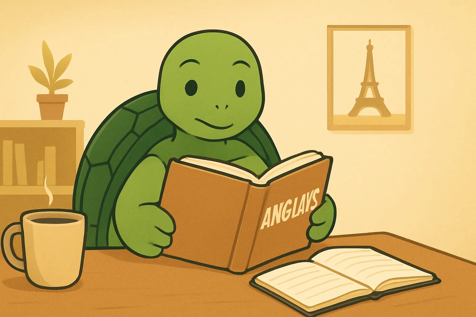 Illustration éditoriale montrant la tortue de TortoLingua dans une scène réaliste de lecture pour apprendre une langue pour l’article "Comment apprendre l'anglais seul : guide complet".