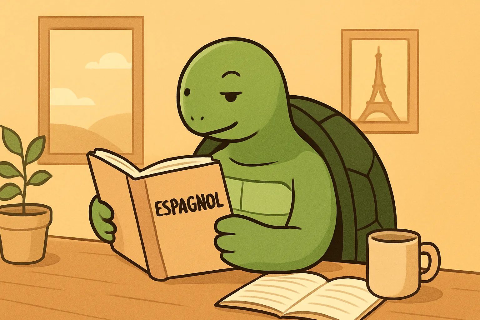 Illustration éditoriale montrant la tortue de TortoLingua dans une scène réaliste de lecture pour apprendre une langue pour l’article "Comment apprendre l'espagnol débutant : guide étape par étape".