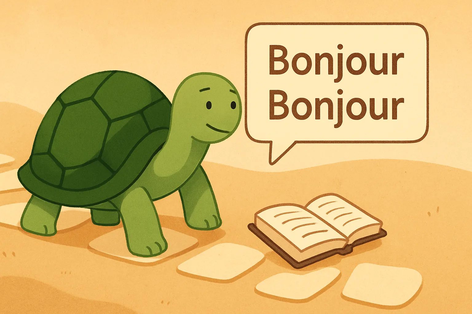 Illustration éditoriale montrant la tortue de TortoLingua dans une scène calme d’apprentissage par la lecture pour l’article "Comment apprendre une langue avant de déménager à l'étranger".