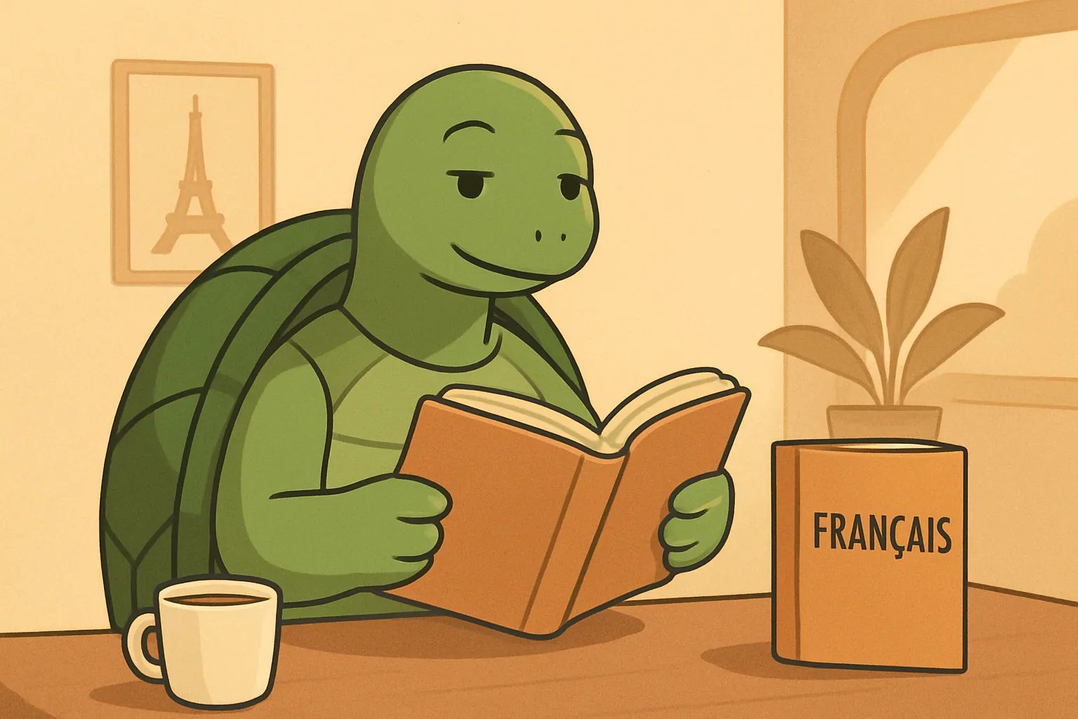 Illustration éditoriale montrant la tortue de TortoLingua dans une scène réaliste de lecture pour apprendre une langue pour l’article "Comment apprendre le portugais débutant : guide complet".