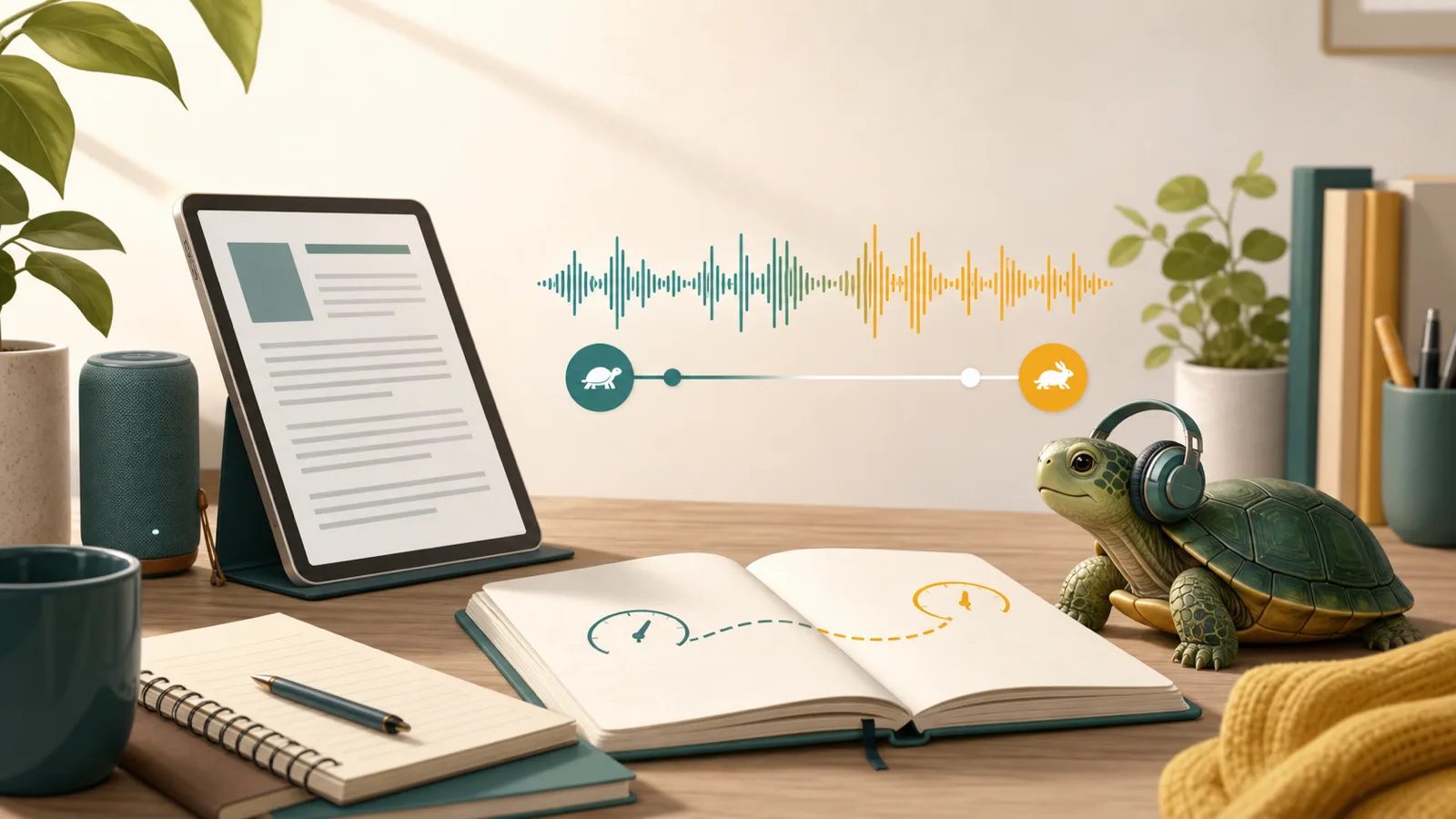 La tortue TortoLingua écoute un texte avec un casque à côté d'une onde audio et de repères de vitesse
