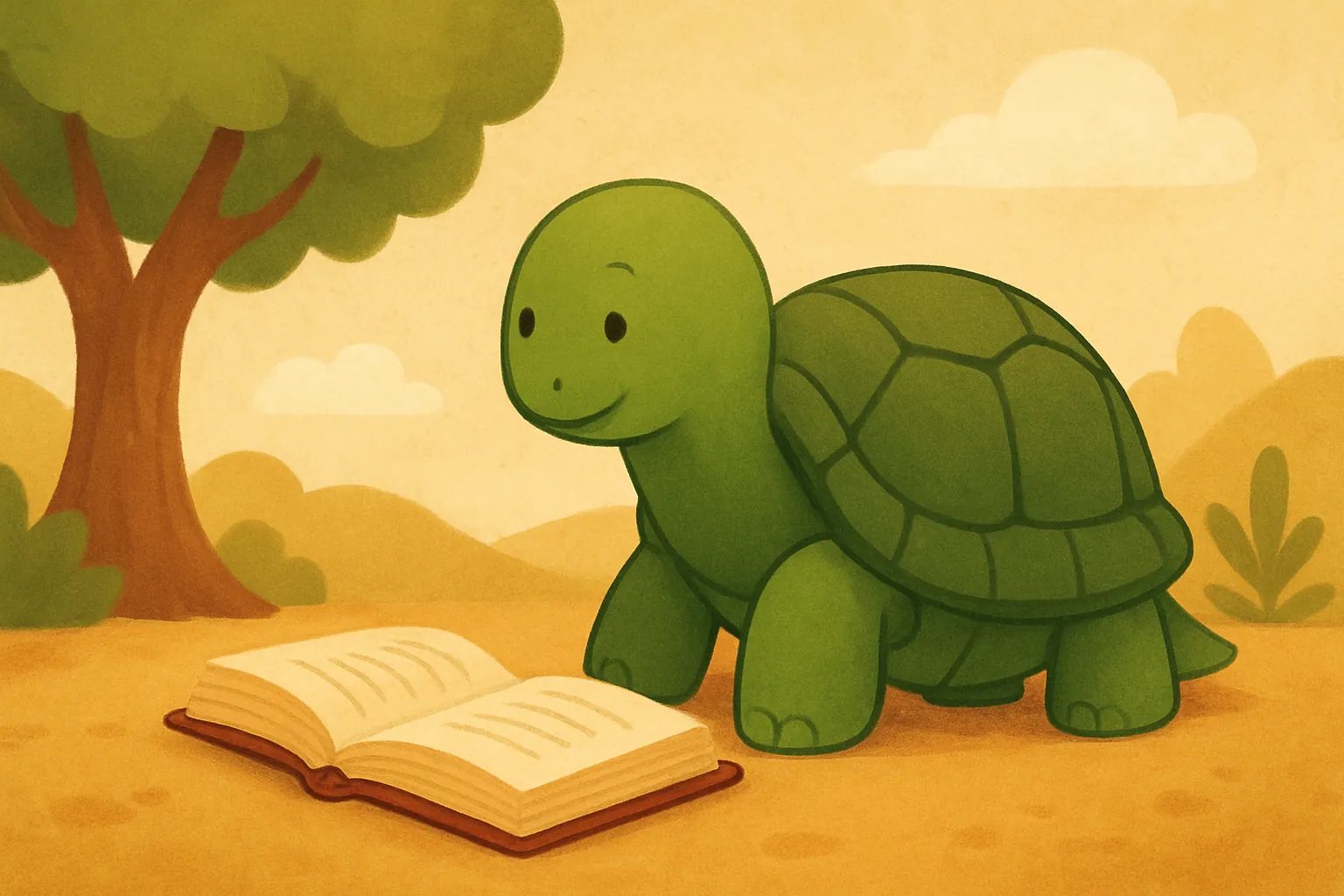 Illustration éditoriale montrant la tortue de TortoLingua dans une scène chaleureuse de lecture pour enfants pour l’article "Avantages de l'éducation bilingue : ce que dit la recherche".