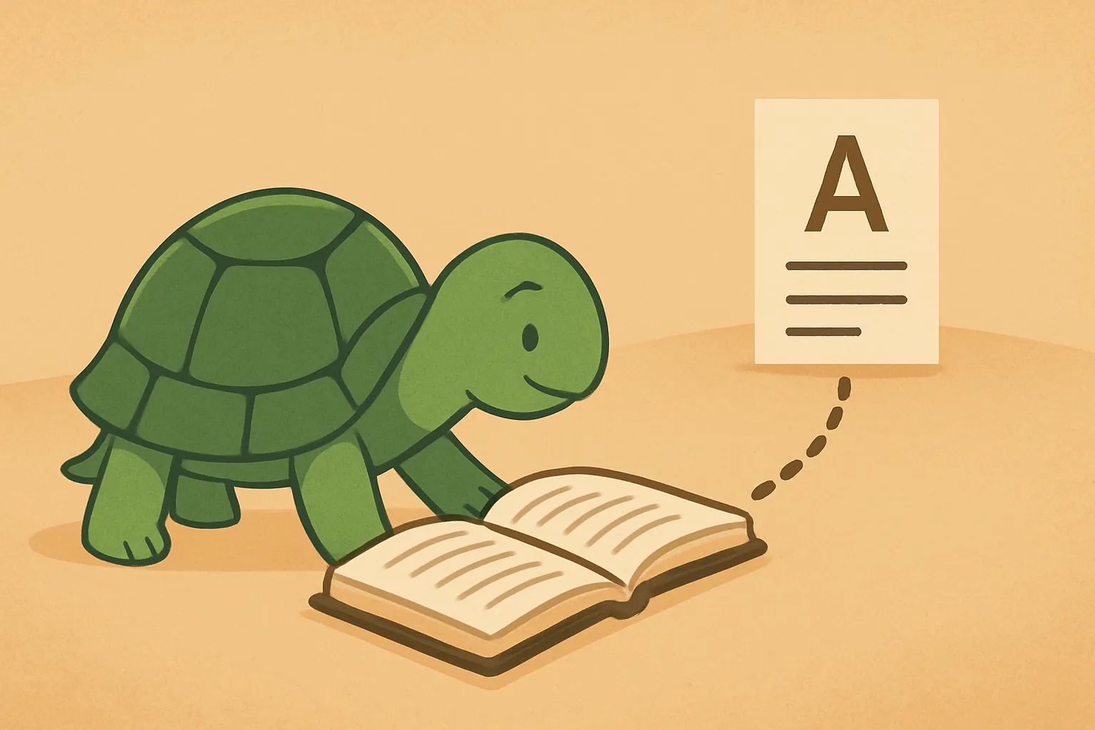 Illustration éditoriale montrant la tortue de TortoLingua dans une scène calme d’apprentissage par la lecture pour l’article "Combien faut-il lire pour atteindre le niveau B1 ?".