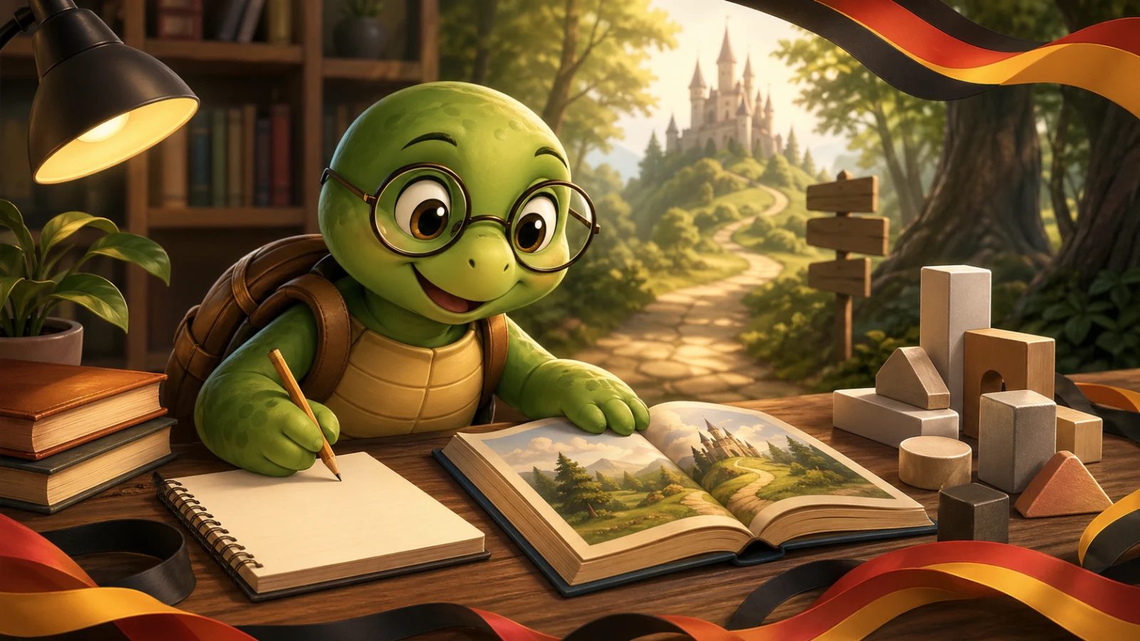 La tortue TortoLingua commence l’allemand avec un cahier vierge, un livre et une silhouette de château