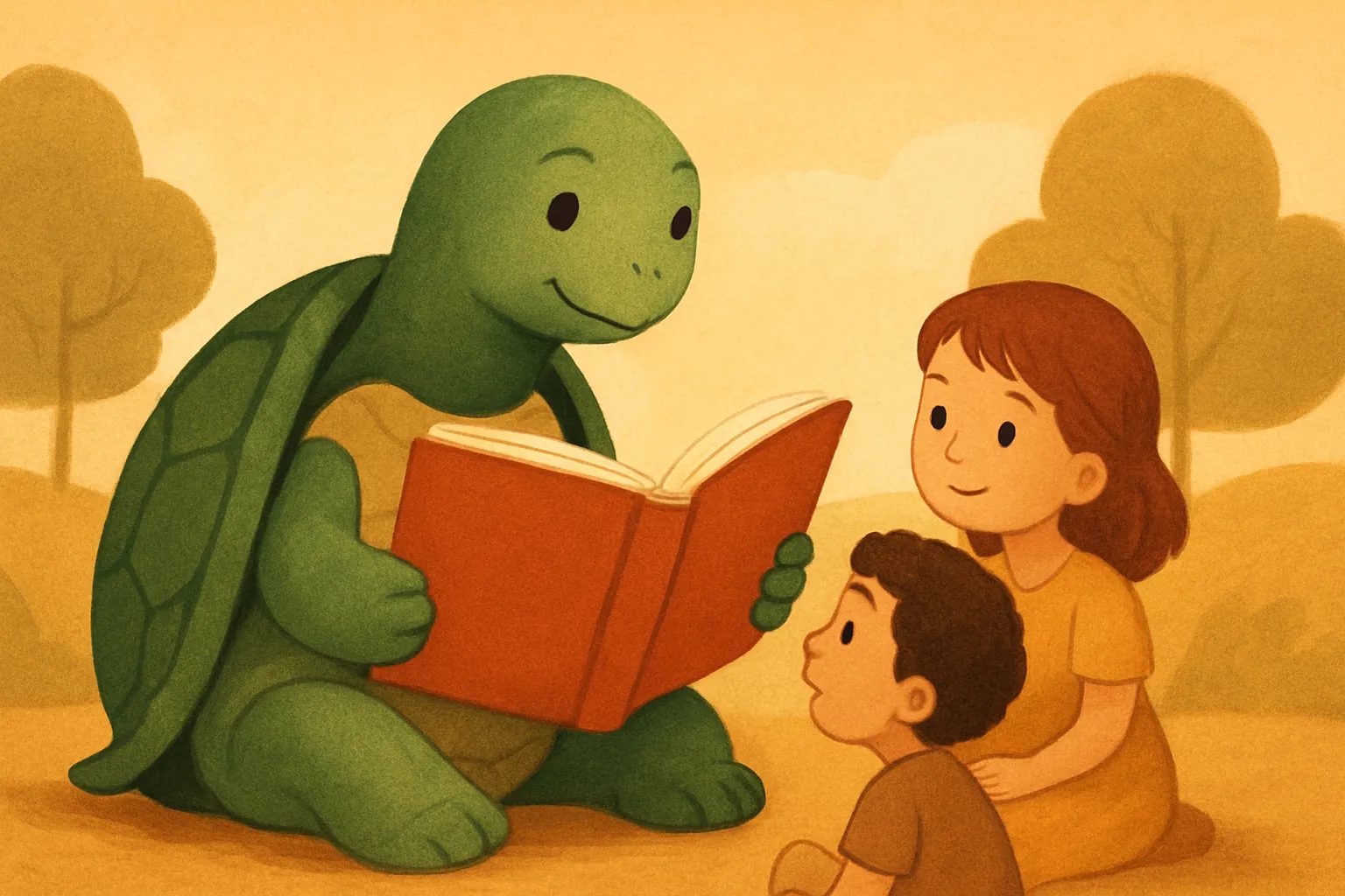 Illustration éditoriale montrant la tortue de TortoLingua dans une scène chaleureuse de lecture pour enfants pour l’article "Comment les enfants apprennent les langues par les histoires : guide parental".