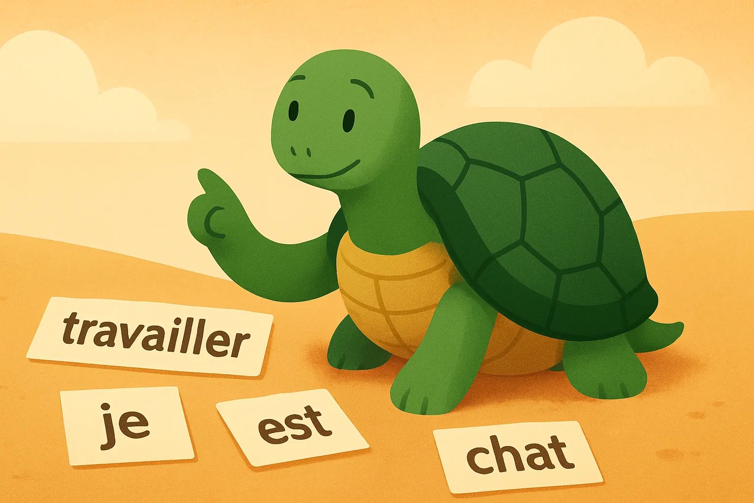 Illustration éditoriale montrant la tortue de TortoLingua découvrant le sens grâce au contexte pour l’article "L'hypothèse de l'input de Krashen : guide pratique".