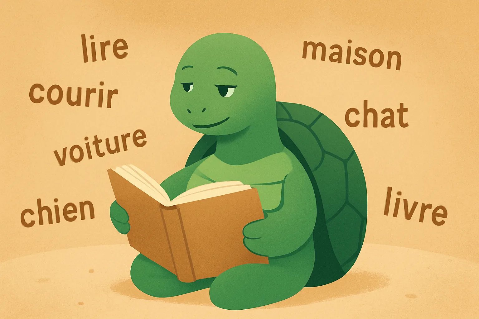 Illustration éditoriale montrant la tortue de TortoLingua découvrant le sens grâce au contexte pour l’article "Lecture extensive pour apprendre les langues : guide complet".