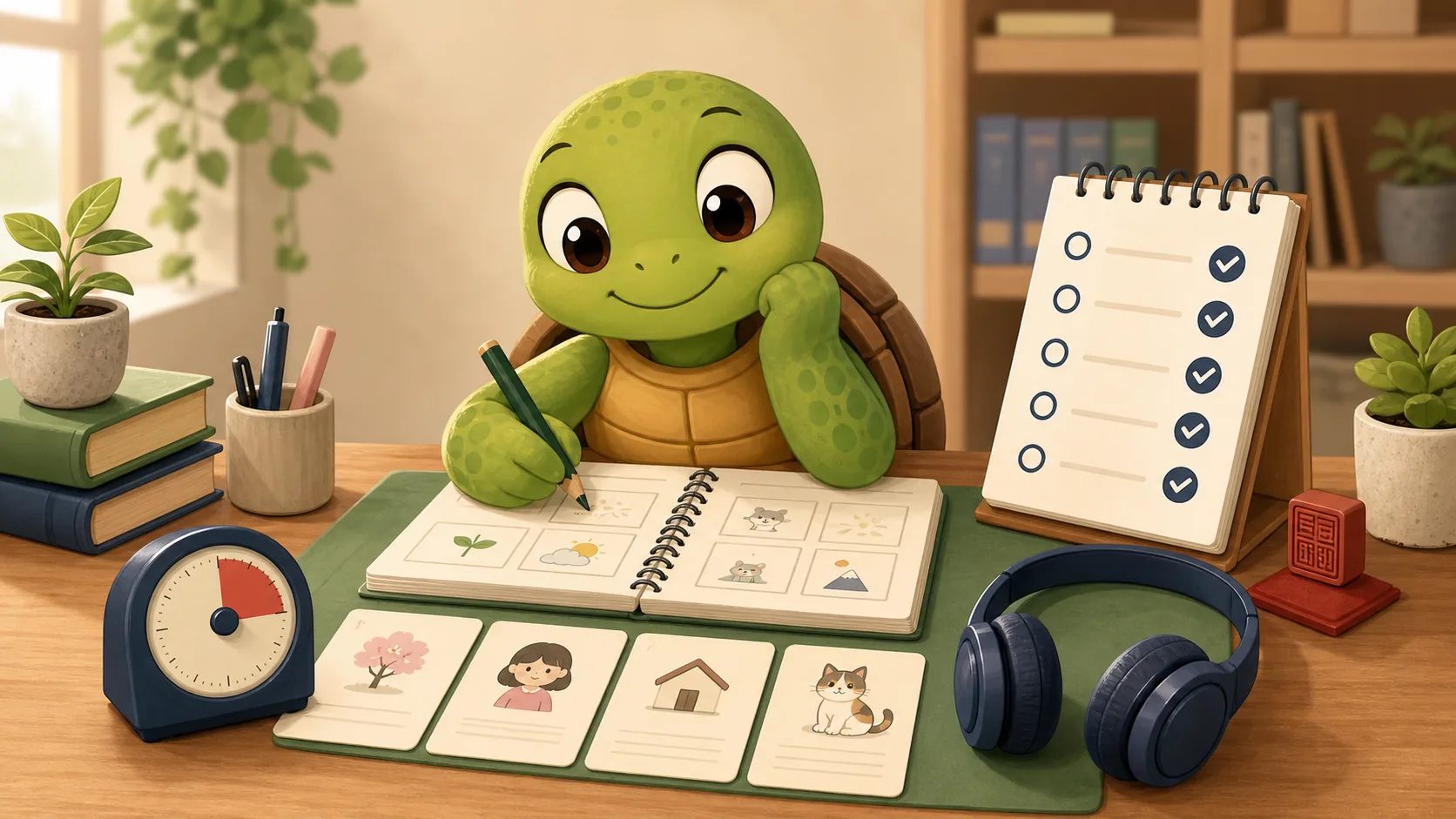 La tortue TortoLingua planifie la lecture JLPT N5 avec une checklist, un casque et des cartes de texte