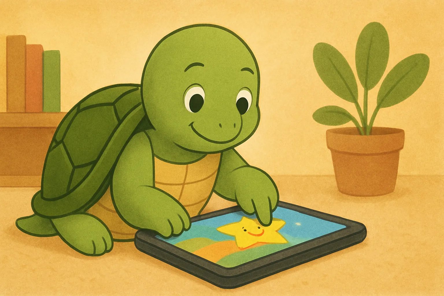Illustration éditoriale montrant la tortue de TortoLingua dans une scène chaleureuse de lecture pour enfants pour l’article "Meilleures applications d'apprentissage des langues pour enfants en 2026".