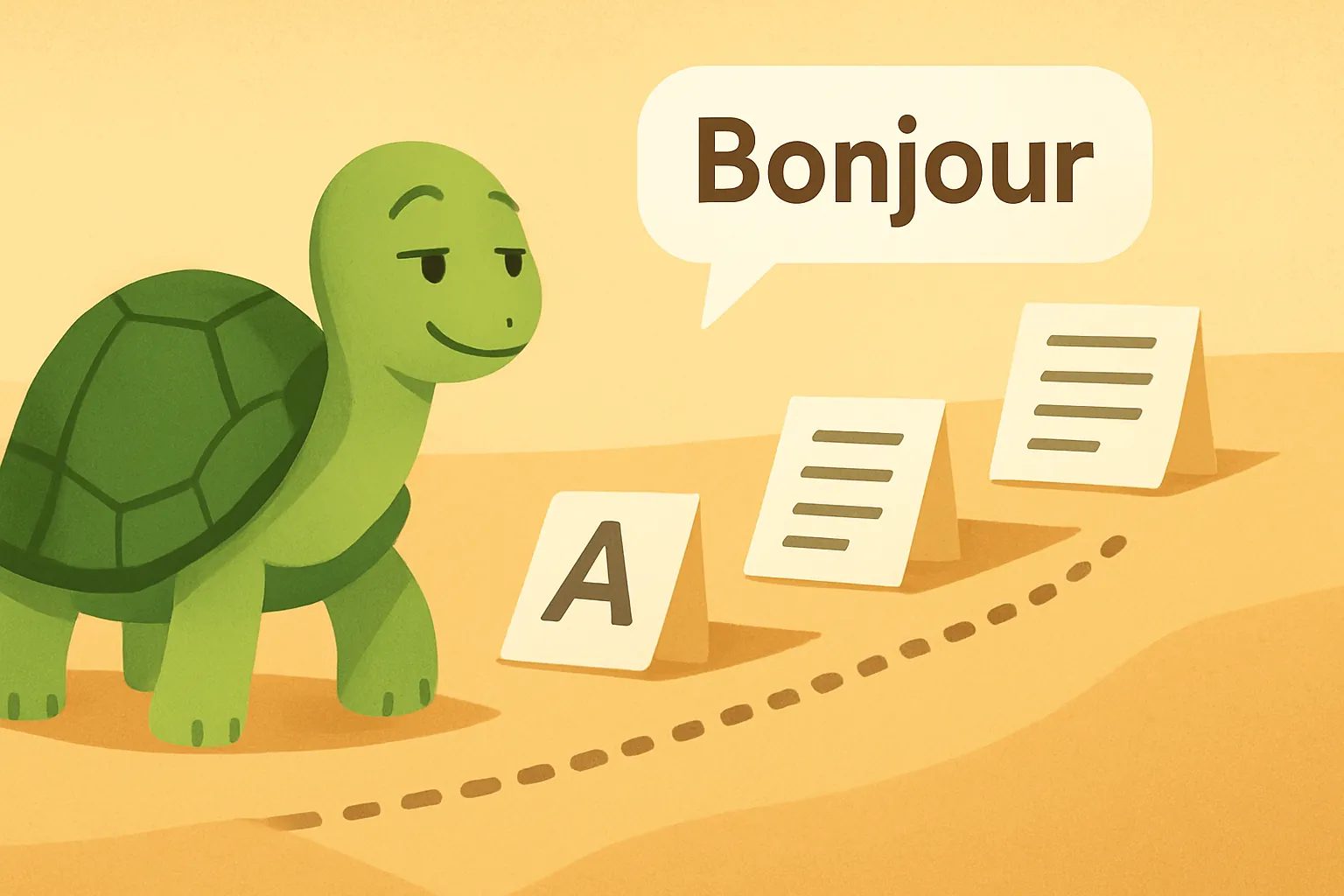 Illustration éditoriale montrant la tortue de TortoLingua dans une scène calme d’apprentissage par la lecture pour l’article "Plateau en apprentissage des langues : pourquoi vous stagnez et comment progresser".