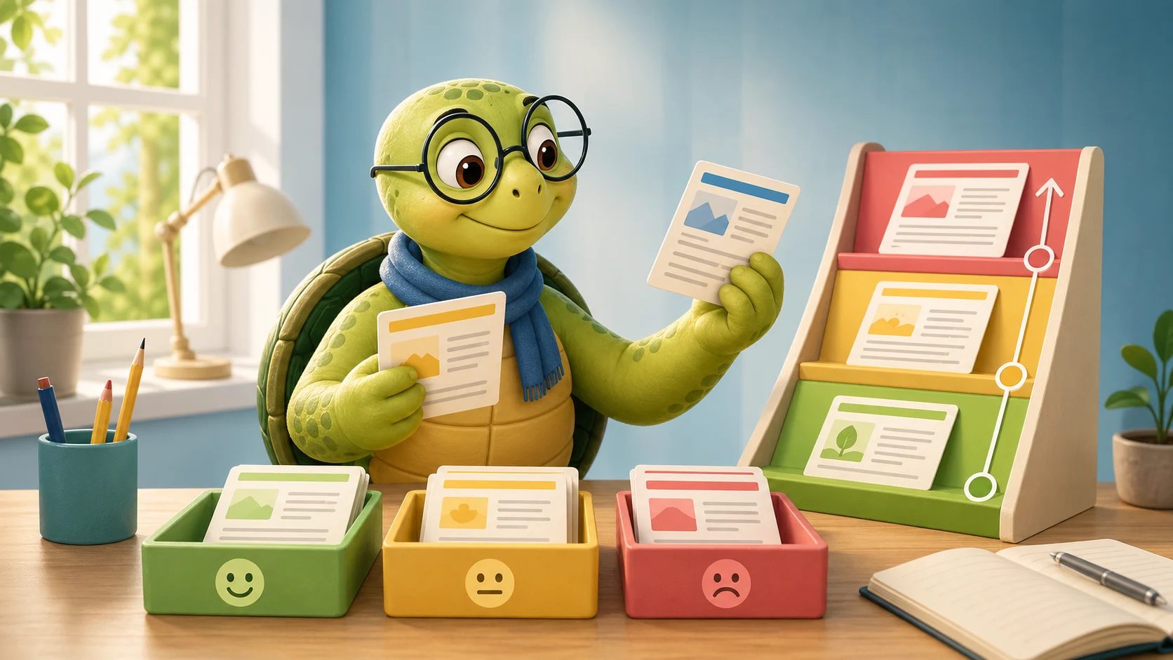 tortue TortoLingua triant des cartes de lecture anglaise A2-B1 par difficulté