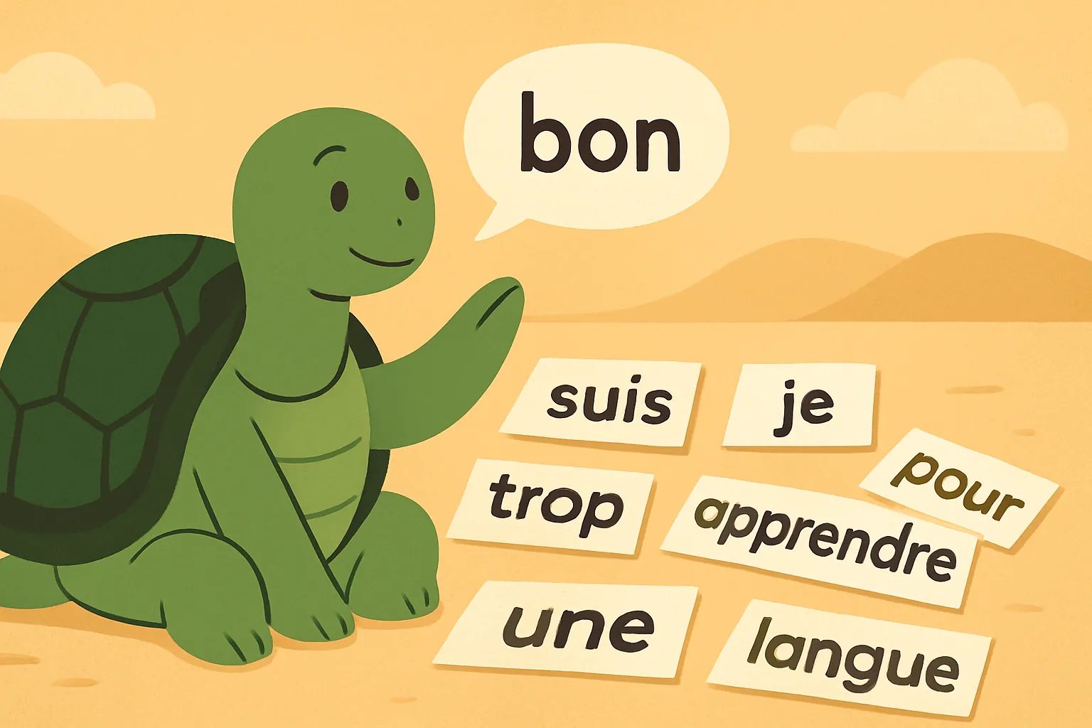 Illustration éditoriale montrant la tortue de TortoLingua découvrant le sens grâce au contexte pour l’article "Suis-je trop vieux pour apprendre une langue ? La science dit non".