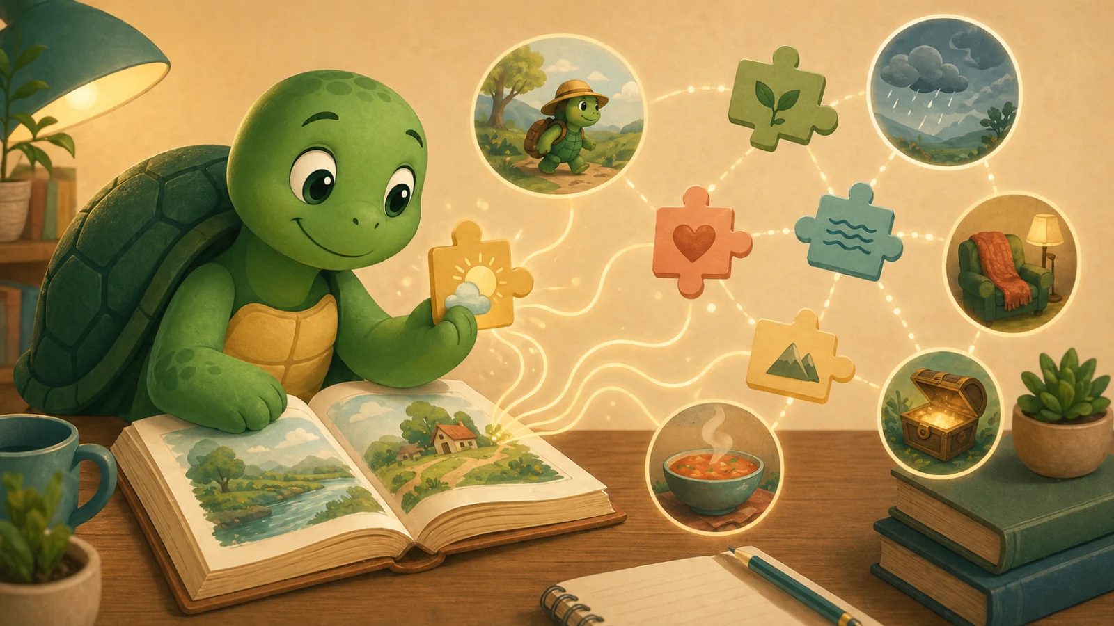 La tortue TortoLingua relie des indices d’histoire et des pièces de puzzle pour apprendre le vocabulaire en contexte