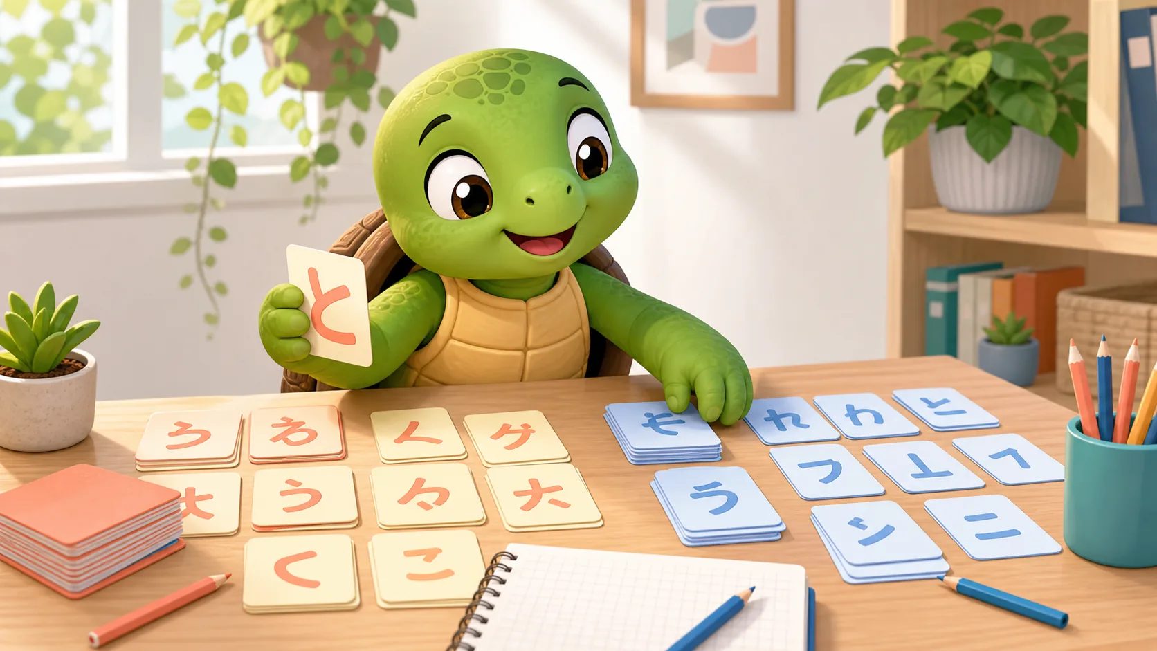 TortoLingua turtle（カメ）が、ひらがなとカタカナのカードを分けながら初心者向け日本語読解練習をしている記事用イラスト