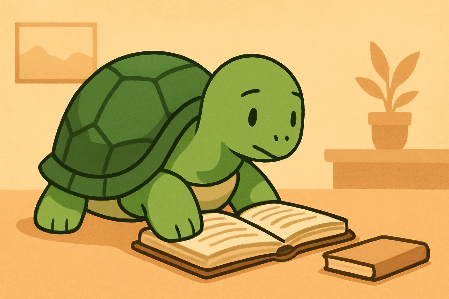 TortoLingua turtle(カメ)が登場する記事用イラスト:記事「初心者のセルビア語:実践ガイド」を示す、現実の言語学習の読書シーンでカメが読んでいるようなTortoLinguaの編集イラスト。