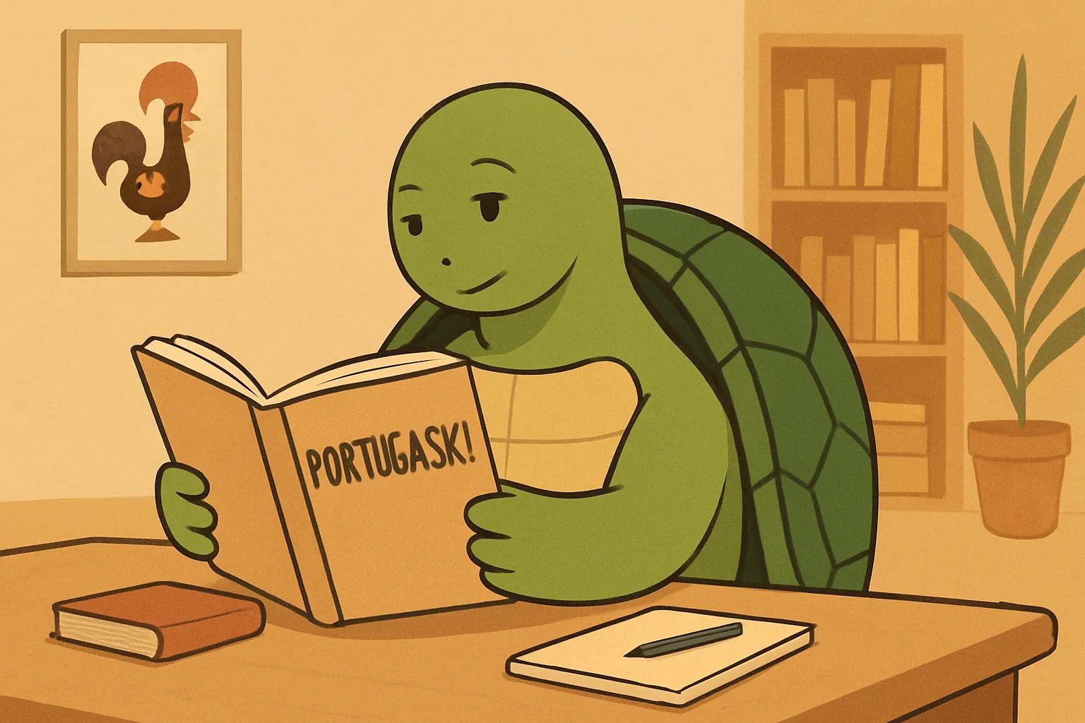 Ilustracja redakcyjna przedstawiająca żółwia TortoLingua w realistycznej scenie nauki języka przez czytanie do artykułu "Jak nauczyć się portugalskiego od zera: kompletny przewodnik".