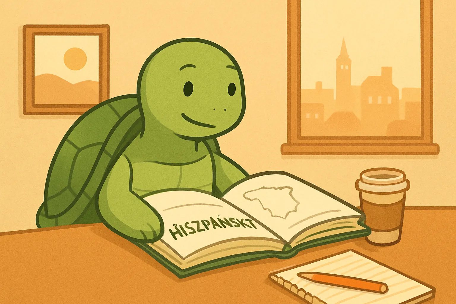 Ilustracja redakcyjna przedstawiająca żółwia TortoLingua w realistycznej scenie nauki języka przez czytanie do artykułu "Jak nauczyć się hiszpańskiego od zera: przewodnik krok po kroku".
