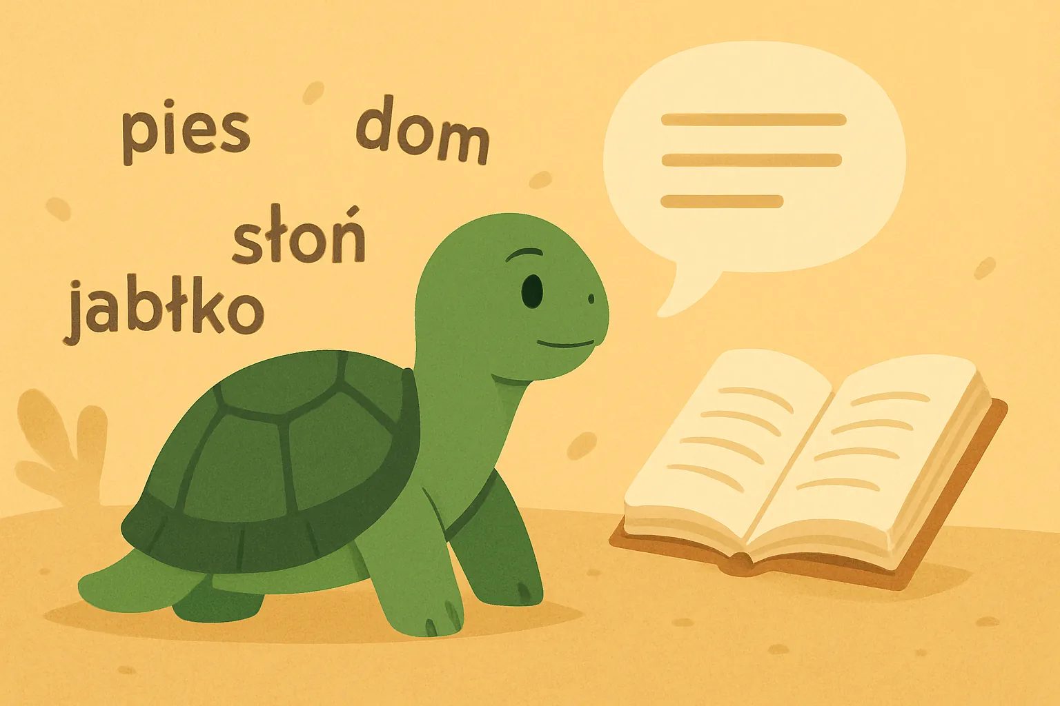 Ilustracja redakcyjna przedstawiająca żółwia TortoLingua odkrywającego znaczenie dzięki kontekstowi do artykułu "Zrozumiały input vs nauka gramatyki: co działa lepiej?".