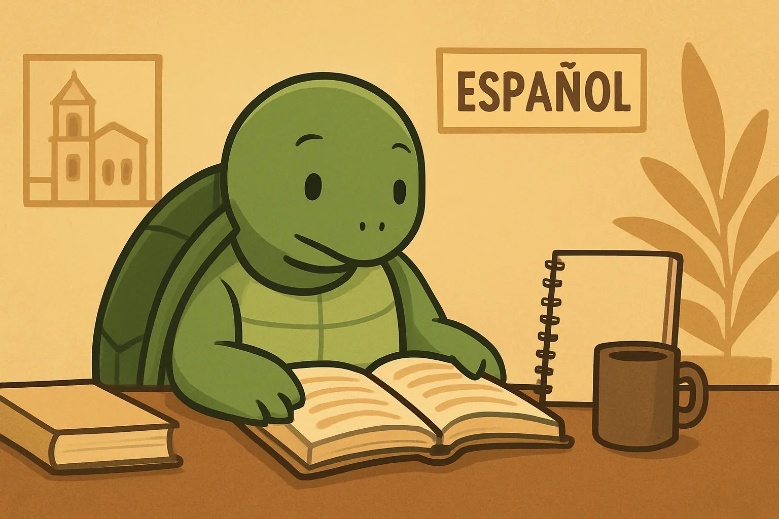 Ilustração editorial mostrando a tartaruga da TortoLingua em uma cena realista de leitura para aprender idiomas para o artigo "Como aprender espanhol do zero: guia passo a passo".