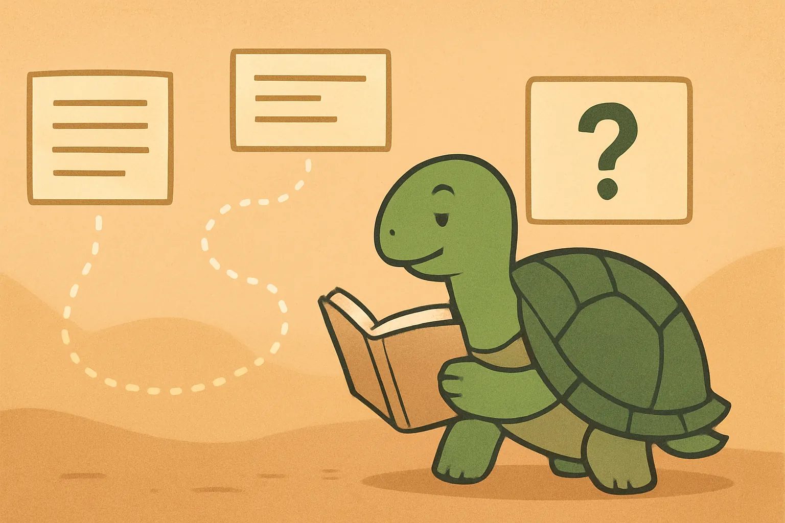 Ilustração editorial mostrando a tartaruga da TortoLingua em uma cena calma de aprendizado por leitura para o artigo "Como aprender um idioma antes de morar no exterior".