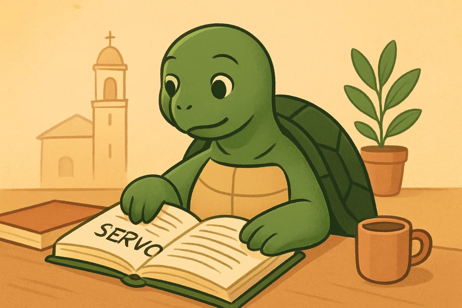 Ilustração editorial mostrando a tartaruga da TortoLingua em uma cena realista de leitura para aprender idiomas para o artigo "Aprender sérvio do zero: guia prático".
