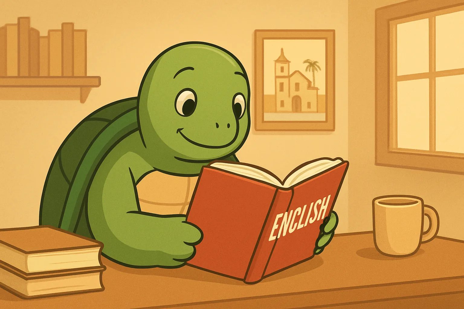 Ilustração editorial mostrando a tartaruga da TortoLingua em uma cena realista de leitura para aprender idiomas para o artigo "Como aprender inglês sozinho: guia completo".