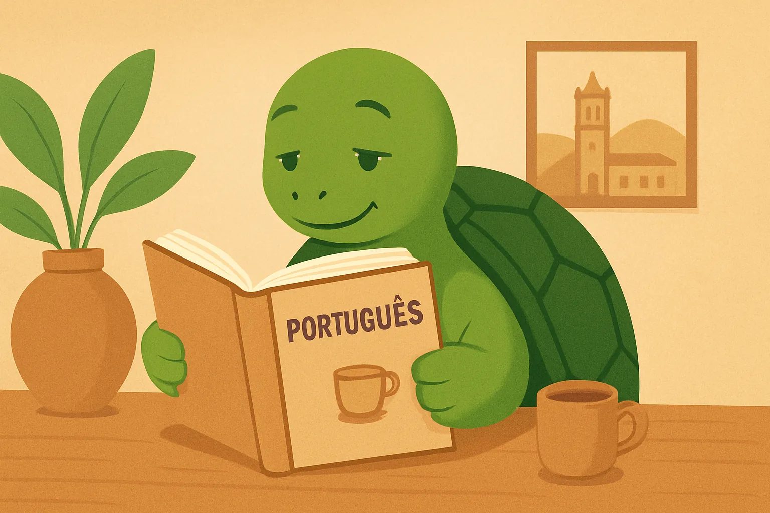 Ilustração editorial mostrando a tartaruga da TortoLingua em uma cena realista de leitura para aprender idiomas para o artigo "Como aprender português do zero: guia completo".