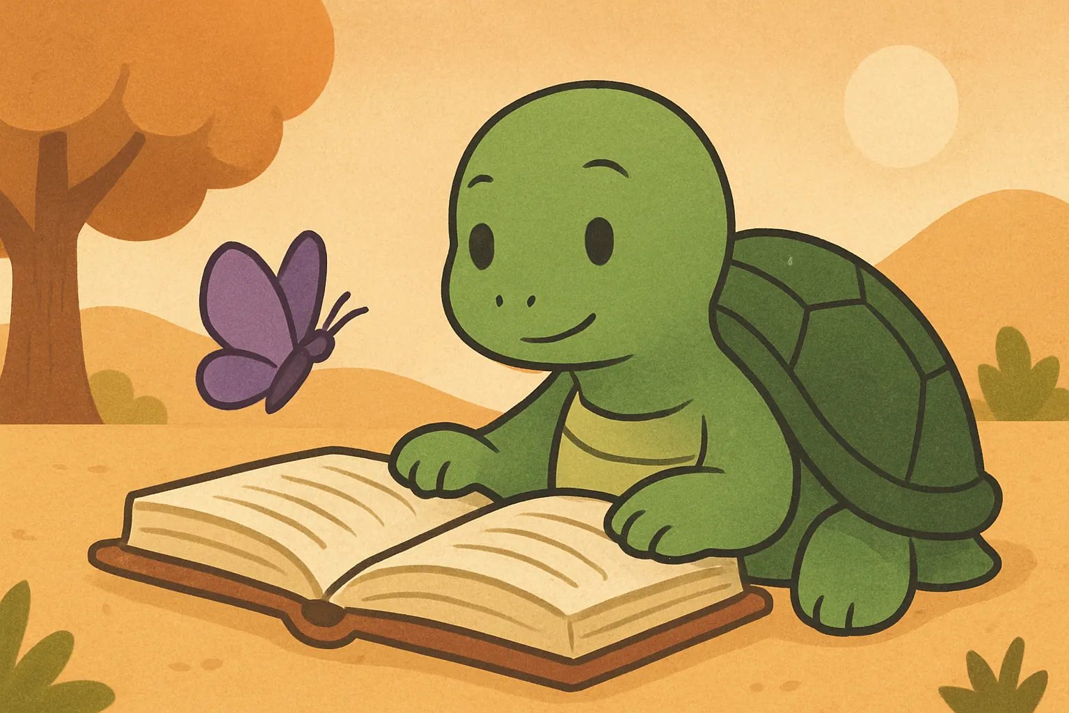Ilustração editorial mostrando a tartaruga da TortoLingua em uma cena acolhedora de livro infantil para o artigo "Como crianças aprendem idiomas com histórias: guia para pais".