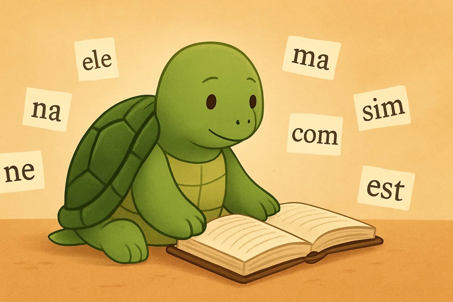 Ilustração editorial mostrando a tartaruga da TortoLingua descobrindo significado por meio do contexto para o artigo "Input compreensível vs estudo de gramática: o que funciona melhor?".