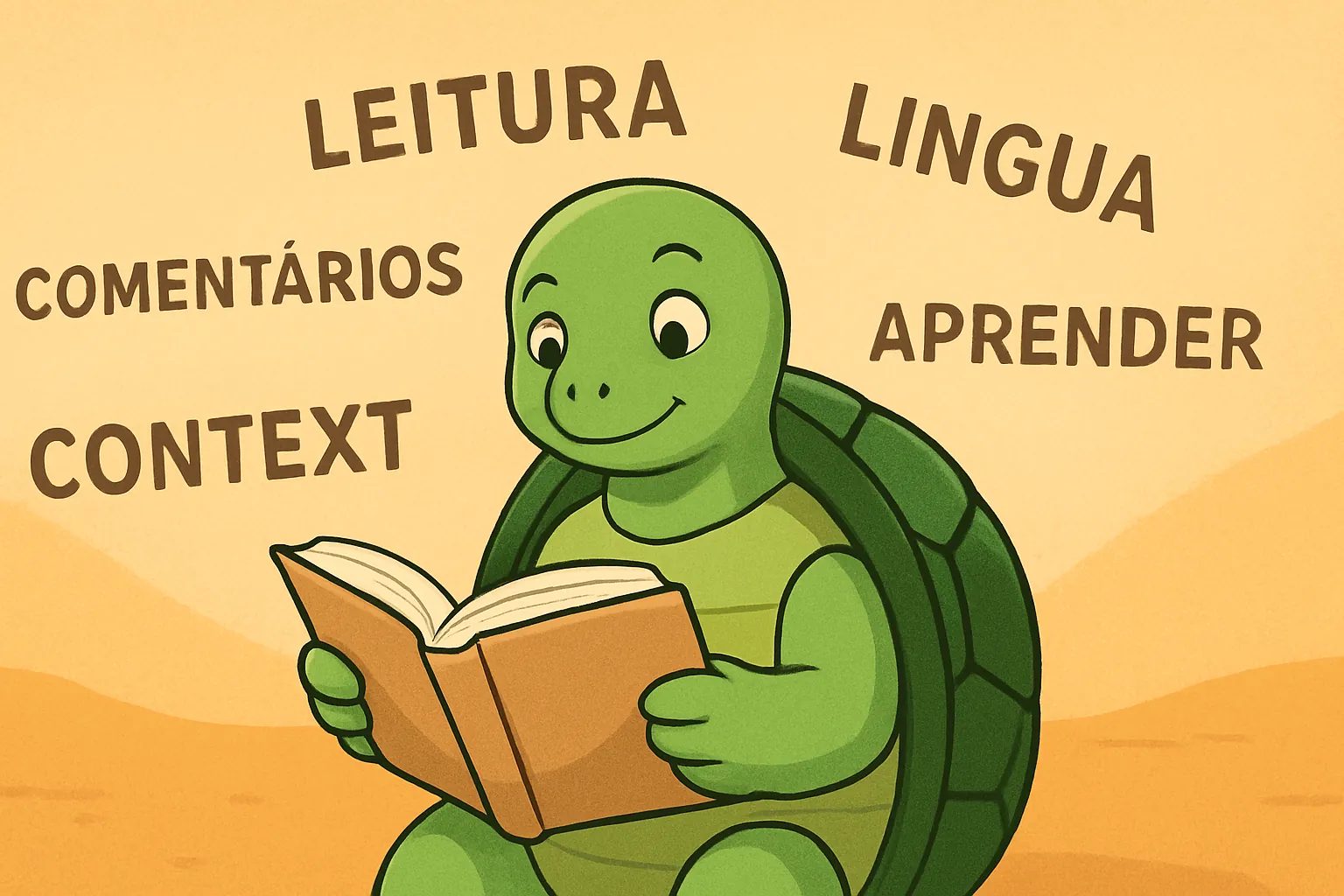 Ilustração editorial mostrando a tartaruga da TortoLingua descobrindo significado por meio do contexto para o artigo "Leitura extensiva para aprender idiomas: guia completo".