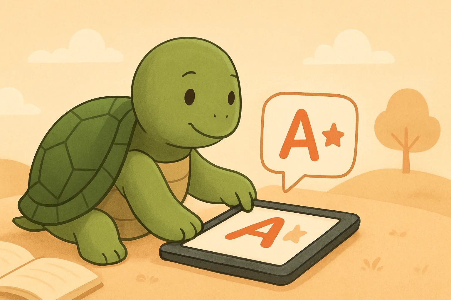 Ilustração editorial mostrando a tartaruga da TortoLingua em uma cena acolhedora de livro infantil para o artigo "Melhores apps para crianças aprenderem idiomas em 2026".