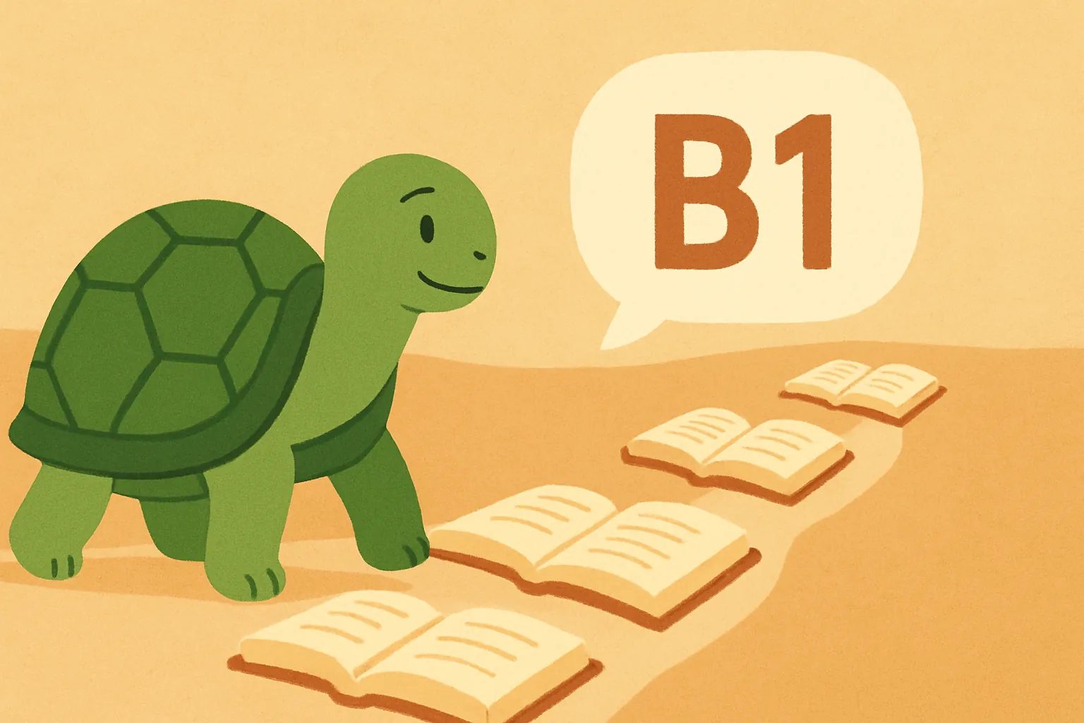Ilustração editorial mostrando a tartaruga da TortoLingua em uma cena calma de aprendizado por leitura para o artigo "Quanto preciso ler para chegar ao B1?".