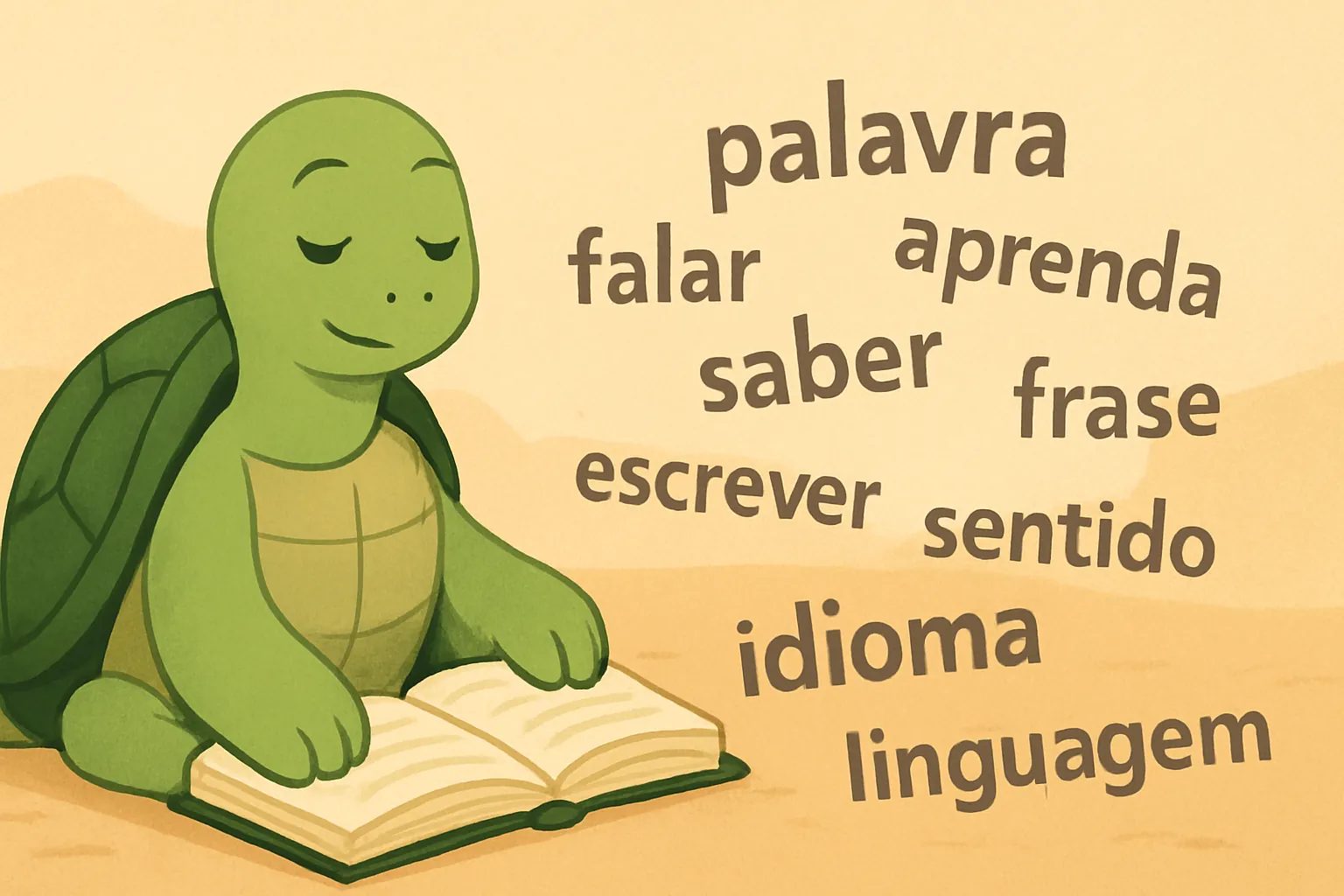 Ilustração editorial mostrando a tartaruga da TortoLingua descobrindo significado por meio do contexto para o artigo "Sou velho demais para aprender um idioma? A ciência diz que não".