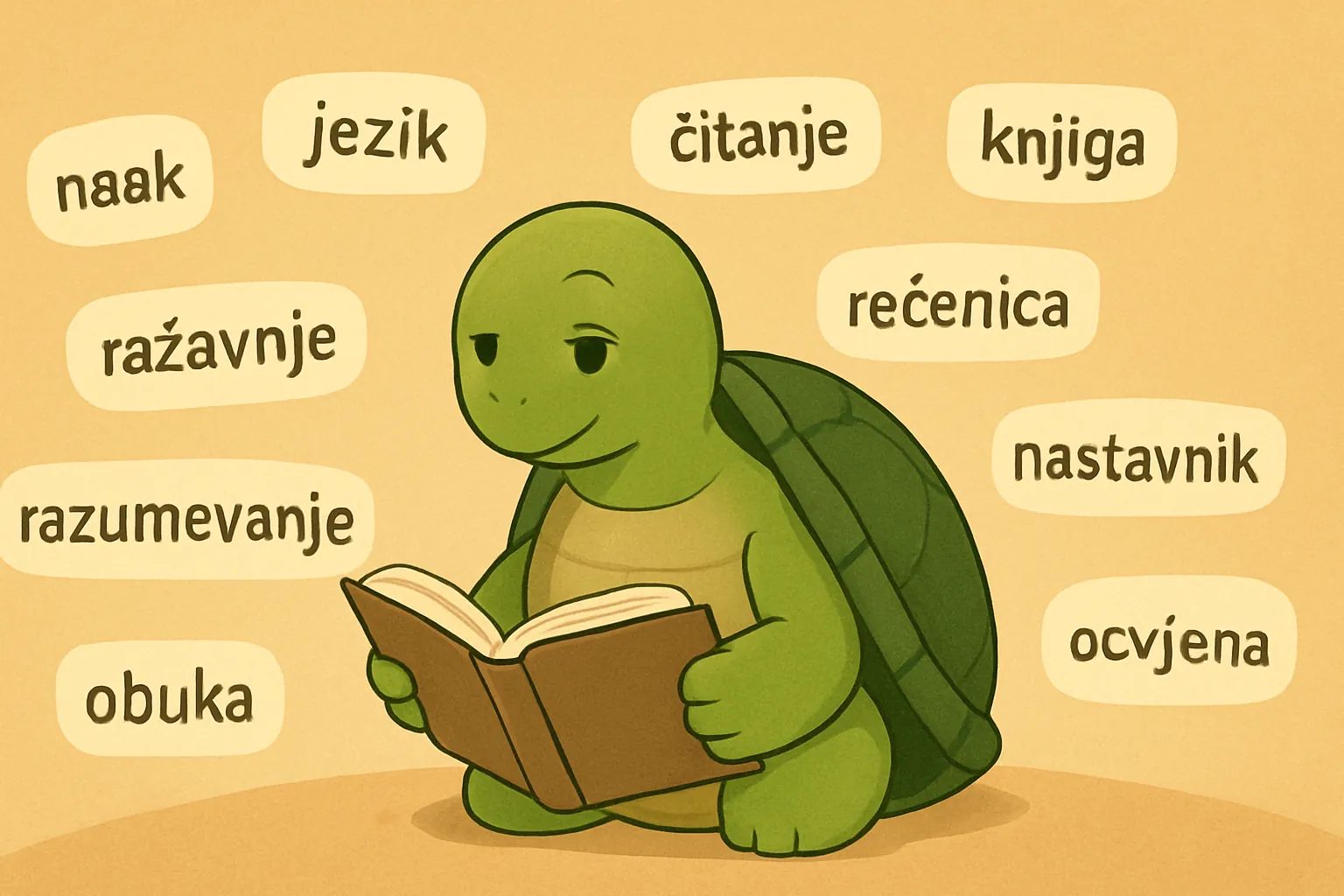 Urednička ilustracija koja prikazuje kornjaču TortoLingua koja otkriva značenje kroz kontekst za članak "Ekstenzivno čitanje za učenje jezika: kompletan vodič".