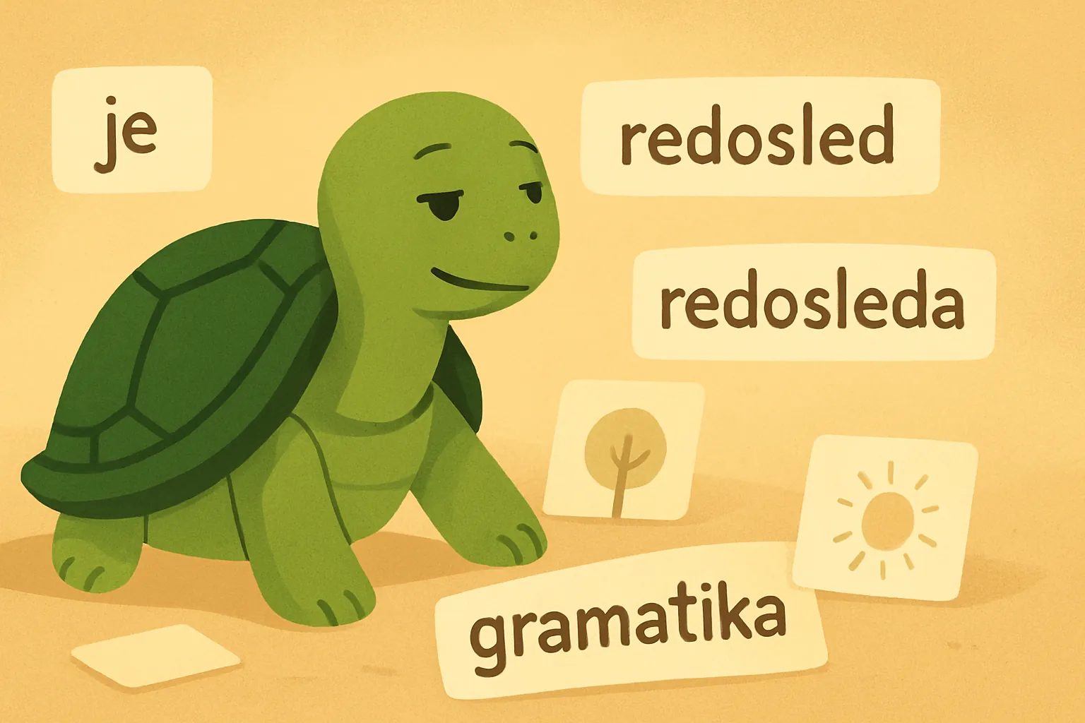 Urednička ilustracija koja prikazuje kornjaču TortoLingua koja otkriva značenje kroz kontekst za članak "Hipoteza prirodnog redosleda: zašto redosled gramatike ne odgovara redosledu učenja".