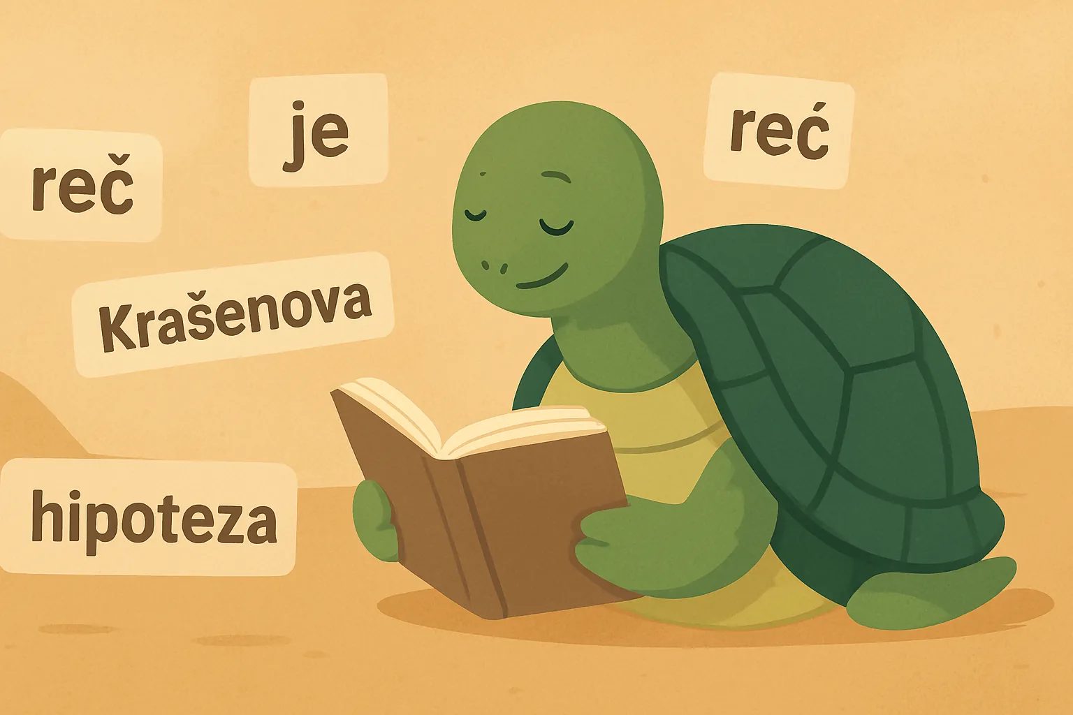 Urednička ilustracija koja prikazuje kornjaču TortoLingua koja otkriva značenje kroz kontekst za članak "Krašenova hipoteza inputa: praktičan vodič".