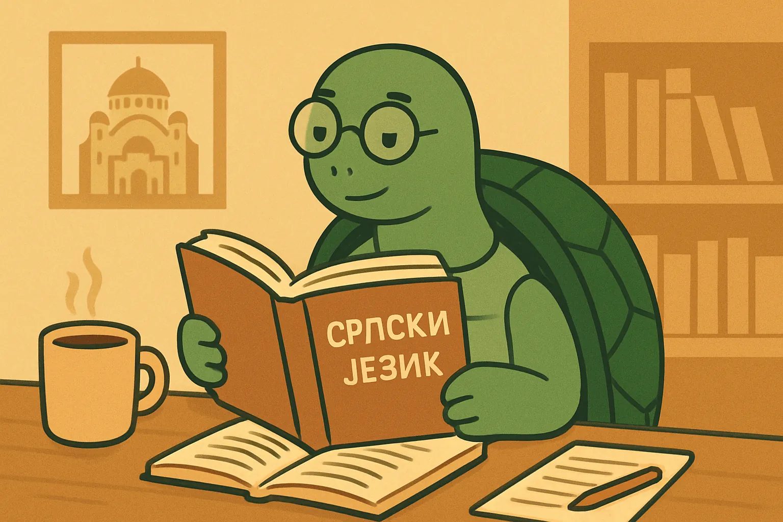 Urednička ilustracija koja prikazuje kornjaču TortoLingua u realističnoj sceni učenja jezika kroz čitanje za članak "Naučite srpski od nule: praktičan vodič".