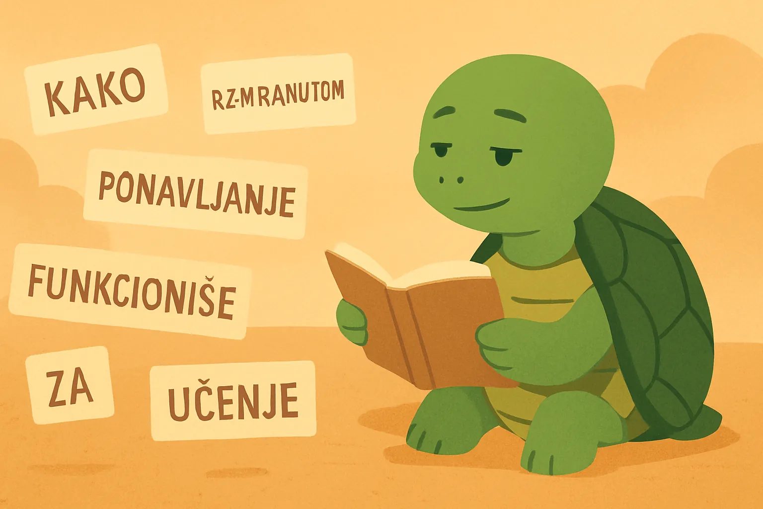 Urednička ilustracija koja prikazuje kornjaču TortoLingua koja otkriva značenje kroz kontekst za članak "Kako razmaknuto ponavljanje funkcioniše za učenje jezika".