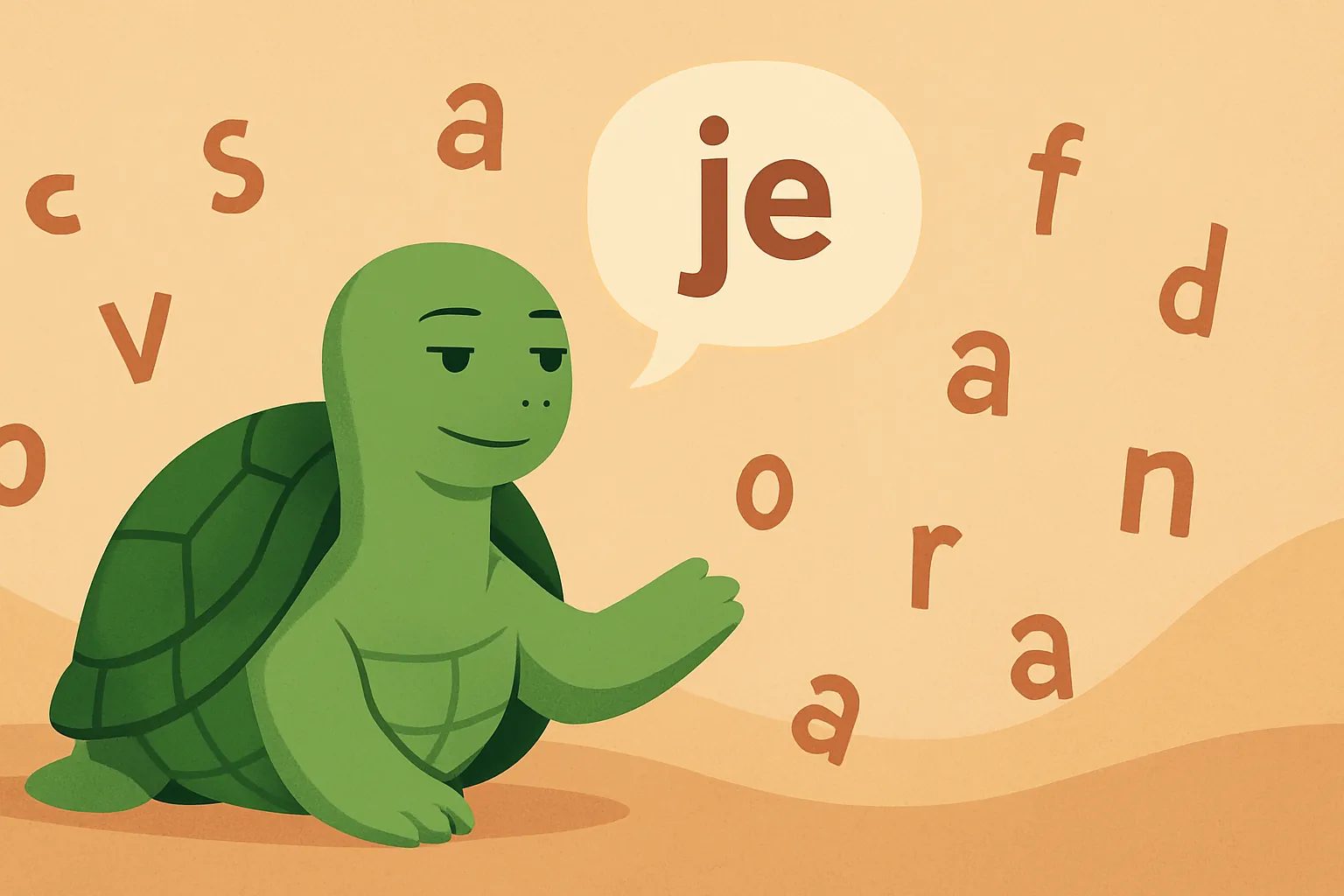 Urednička ilustracija koja prikazuje kornjaču TortoLingua koja otkriva značenje kroz kontekst za članak "Razumljiv input vs učenje gramatike: šta bolje funkcioniše?".